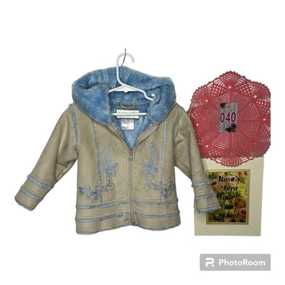 Rothschild Faux Beige Suede and Sherpa Blue Lined Hooded Coat Size 18M